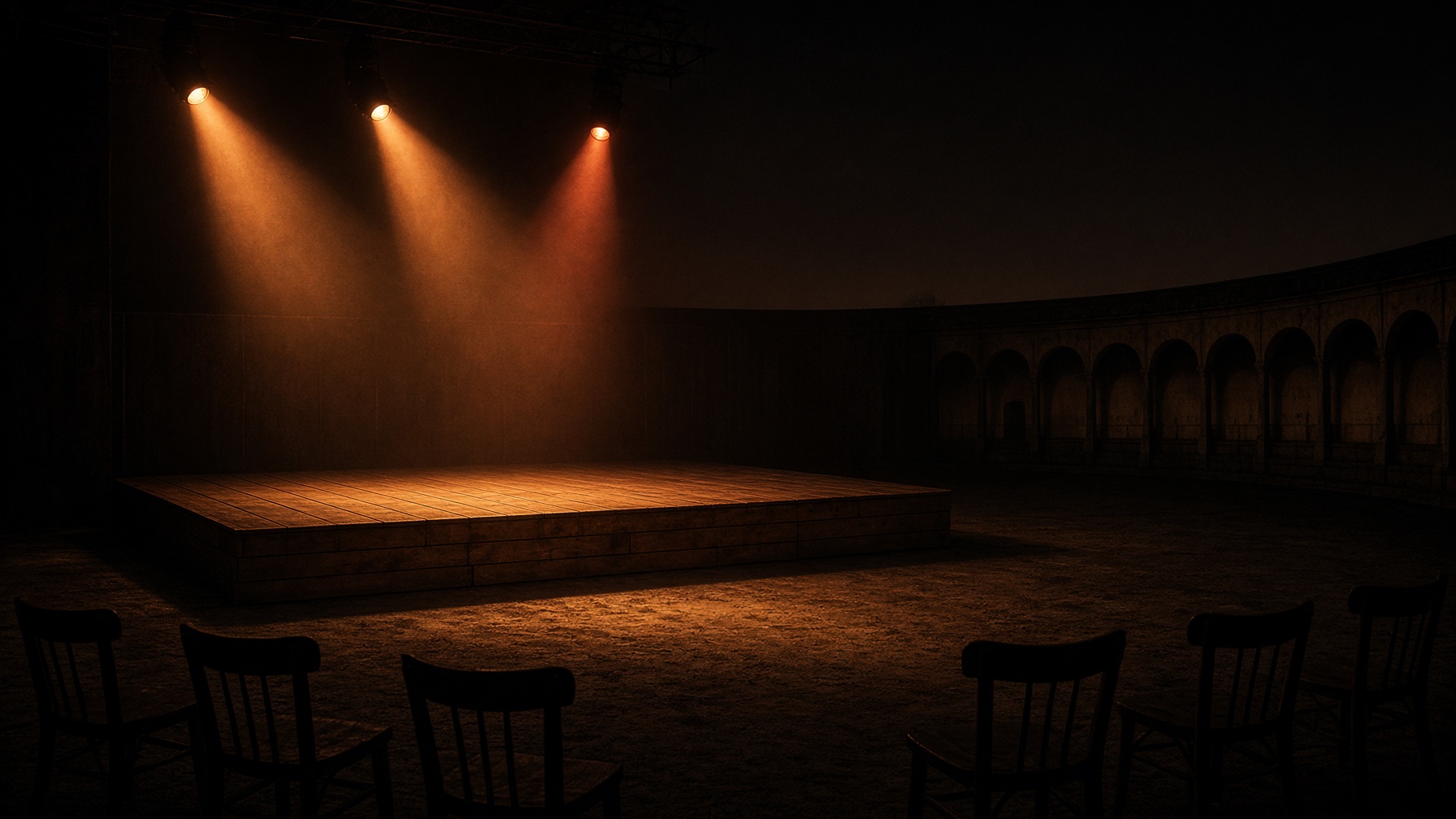 Empty open-air stage under copper light at night